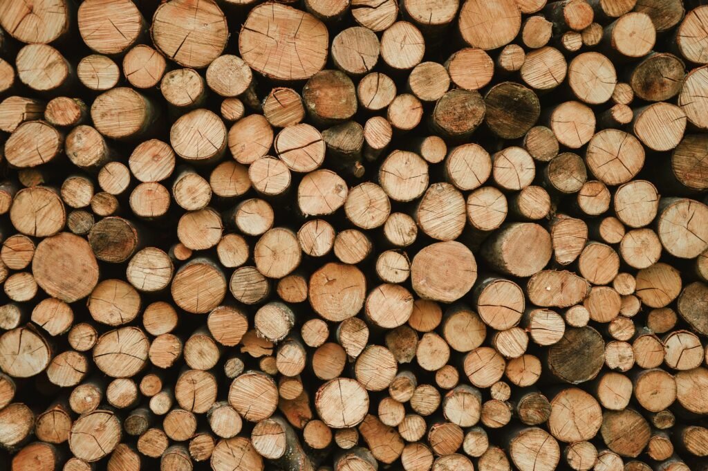 Close-up view of stacked wood logs showcasing natural textures and patterns.